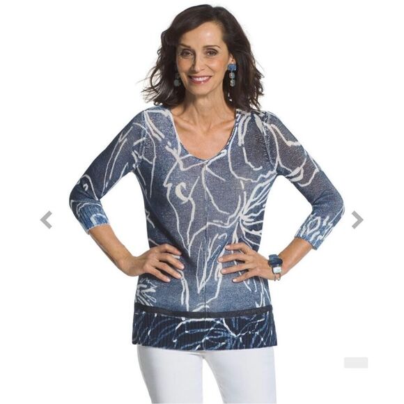Chico’s Blue Printed Miranda V-Neck Sweater Large - Picture 2 of 8